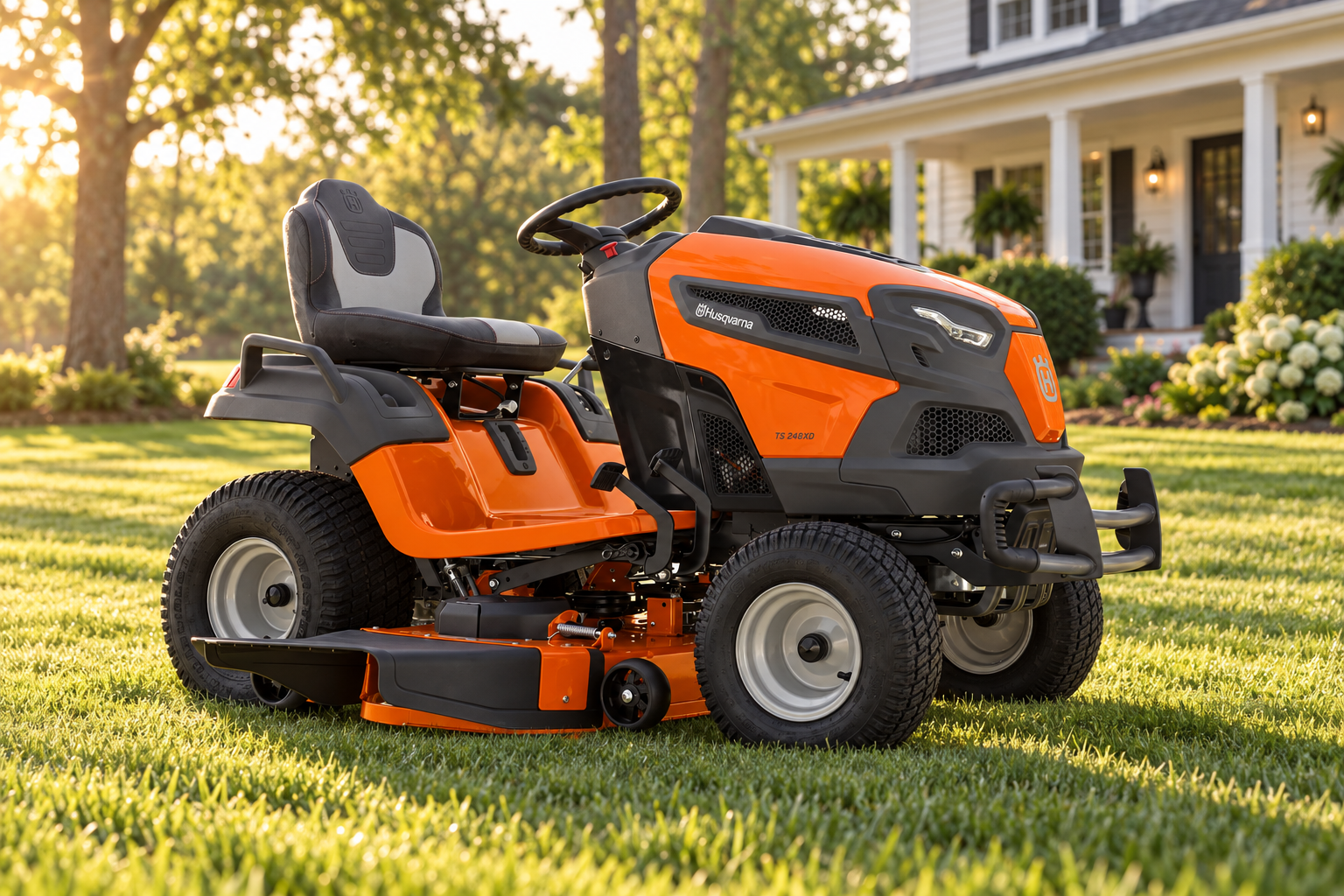 Orange riding lawn mower on a freshly cut lawn
